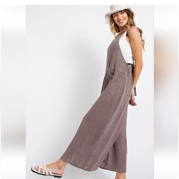 New Bohemian Wide Leg Overalls Washed Cotton Romper Jumpsuit Brown Tan - Picture 5 of 6